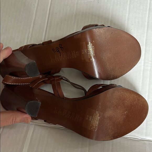 LAUREN RALPH LAUREN 9 Brown Woven Heeled Sandals Braided Slingback Open Toe - Picture 9 of 15